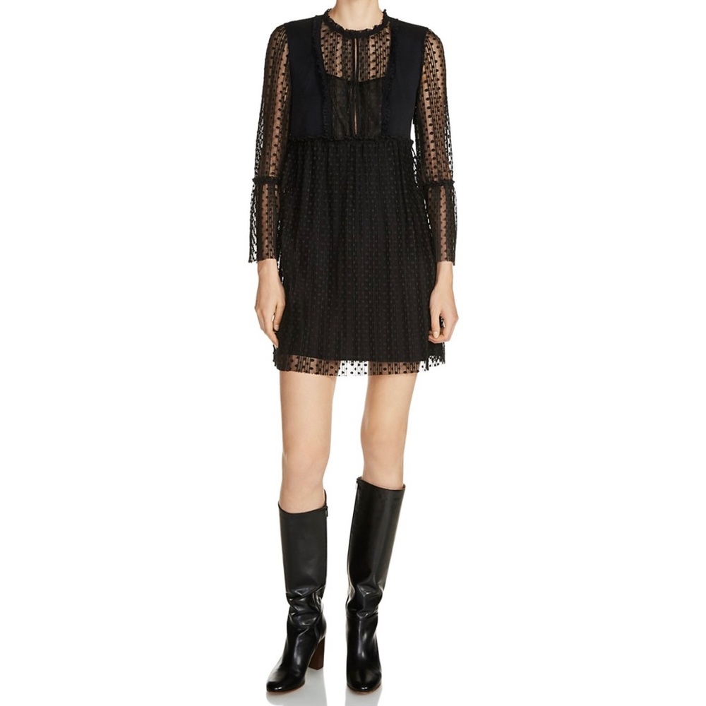 MAJE Rezane Swiss Dot Dress Size 1 Small Black Mesh NWOT